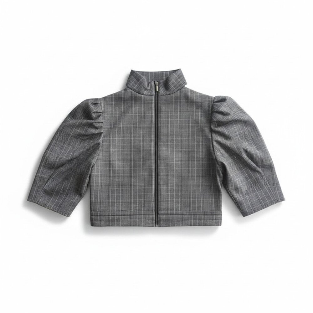Choosy Gray Plaid Puff Sleeve Crop Top w/ Choker Detail Size 0 NWT - Picture 3 of 7